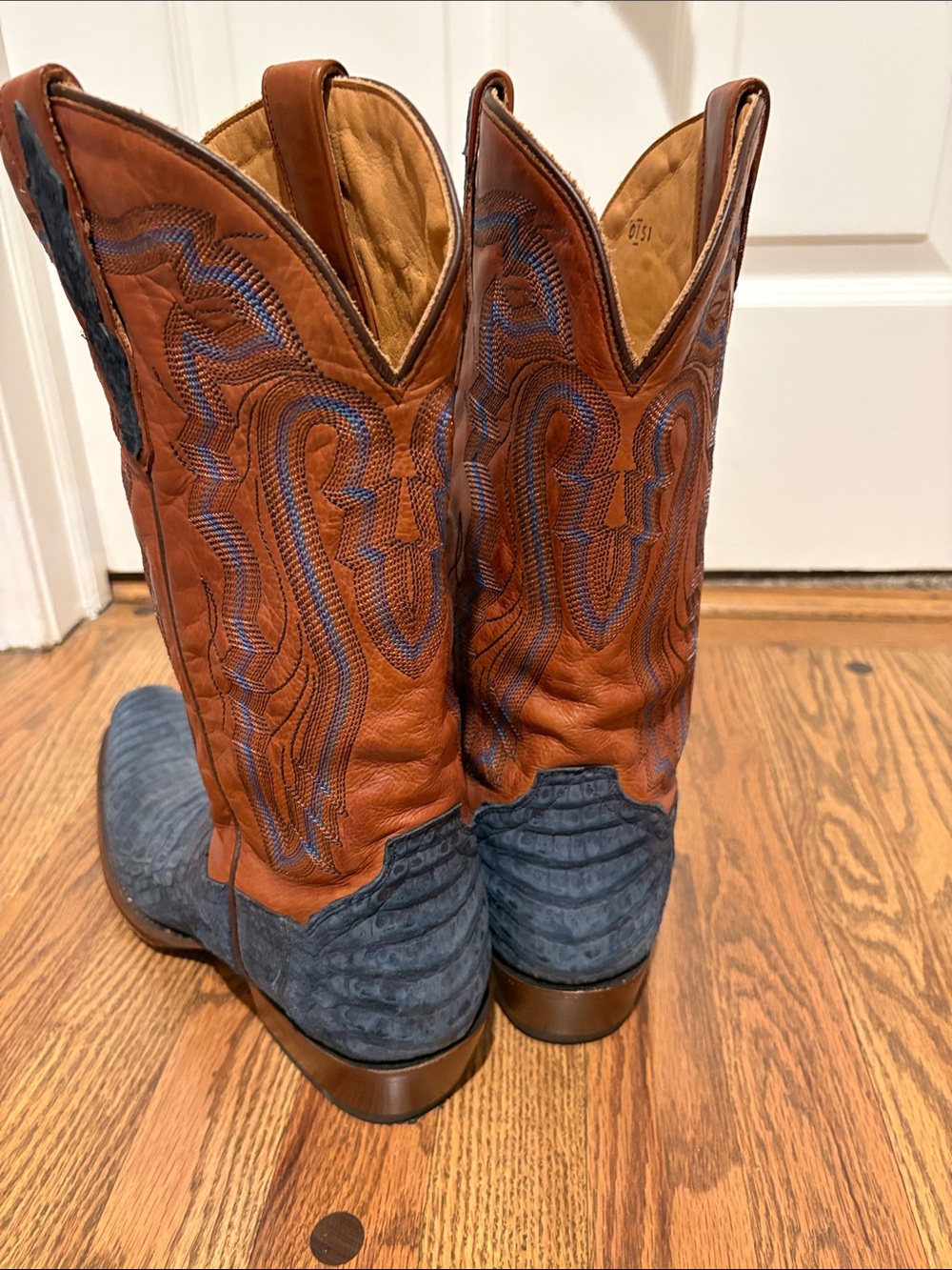 Dan Post Men's Western Cowboy Boots - Blue Distressed Toe & Chestnut Shaft - Picture 3 of 7